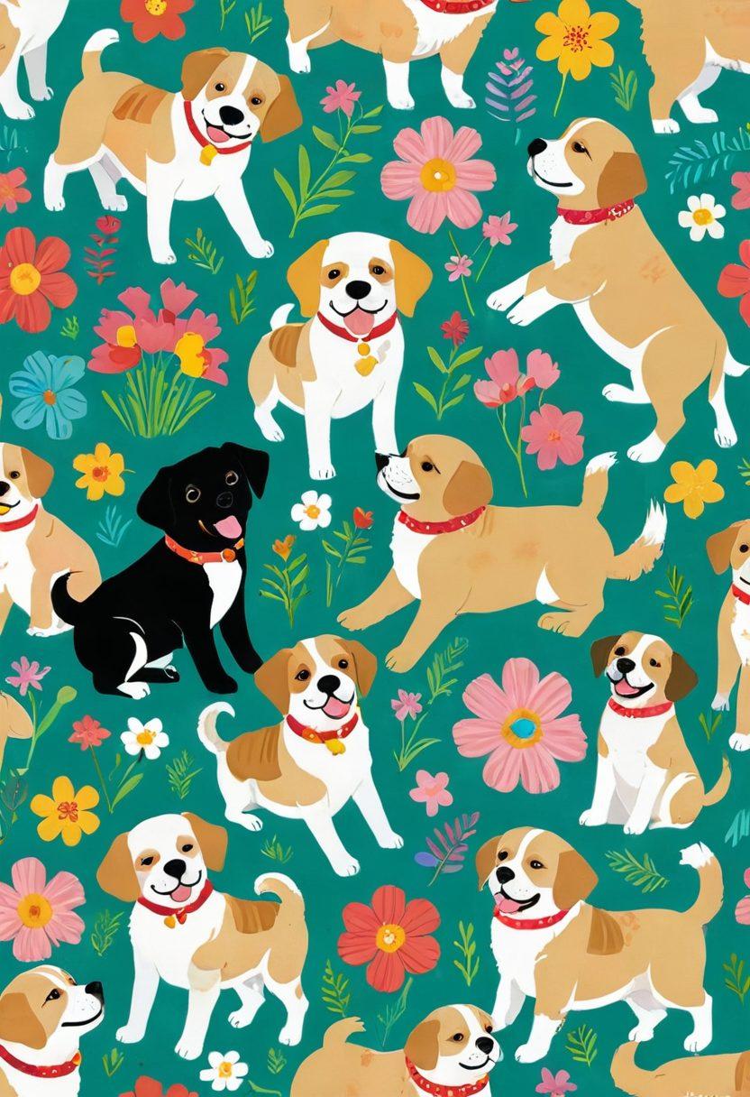 A heartwarming collage of playful puppies in various adorable poses, showcasing their goofy antics. Include a fluffy golden retriever rolling in the grass, a tiny pug wearing a funny hat, and a mischievous beagle chasing its tail. Surround them with colorful toys and cheerful blossoms, capturing the innocence and joy of puppyhood. bright colors. playful illustration. whimsical style.