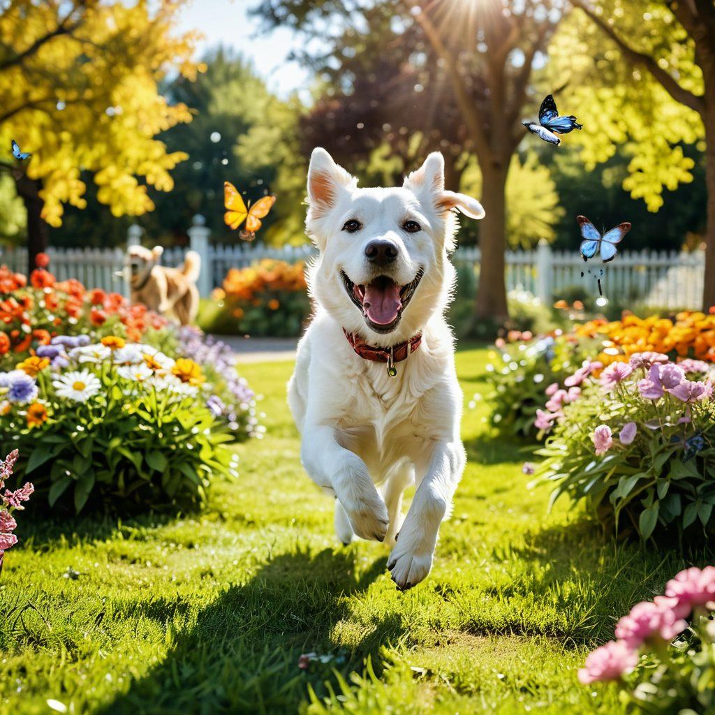 A heartwarming scene of a cheerful dog jumping in a sunlit park, with a photographer capturing the moment on camera. Surround the playful canine with colorful flowers and butterflies, conveying a sense of joy and vibrancy. The background should include happy families and other dogs playing, enhancing the sense of community and celebration in pet encounters. super-realistic. vibrant colors. soft focus.