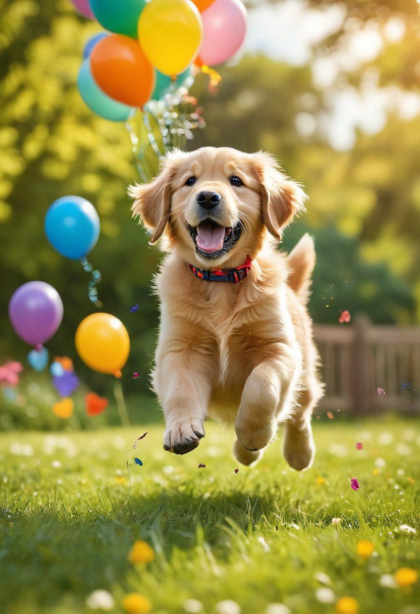 A playful golden retriever puppy jumping with joy in a sunlit park, surrounded by colorful balloons and butterflies fluttering around. Capture the dog's expressive face and wagging tail, with a soft-focus background of green grass and blooming flowers. Vibrant colors. super-realistic.